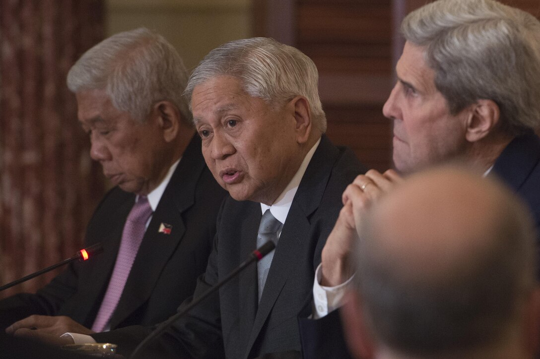 Philippine Foreign Secretary Albert del Rosario makes remarks as he and Philippine Defense Secretary Voltaire Gazmin meet with Defense Secretary Ash Carter and Secretary of State John Kerry at the State Department, Jan. 12, 2016. The leaders met to discuss matters of mutual importance. DoD photo by Air Force Senior Master Sgt. Adrian Cadiz