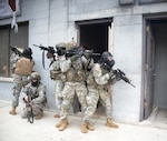 New York Army National Guard Soldiers assigned to Company A, 1st Battalion 69th Infantry, prepare to conduct room-clearing training at the New York Police Department's urban training facility at Rodman's Neck in The Bronx, on Jan. 9, 2016. 