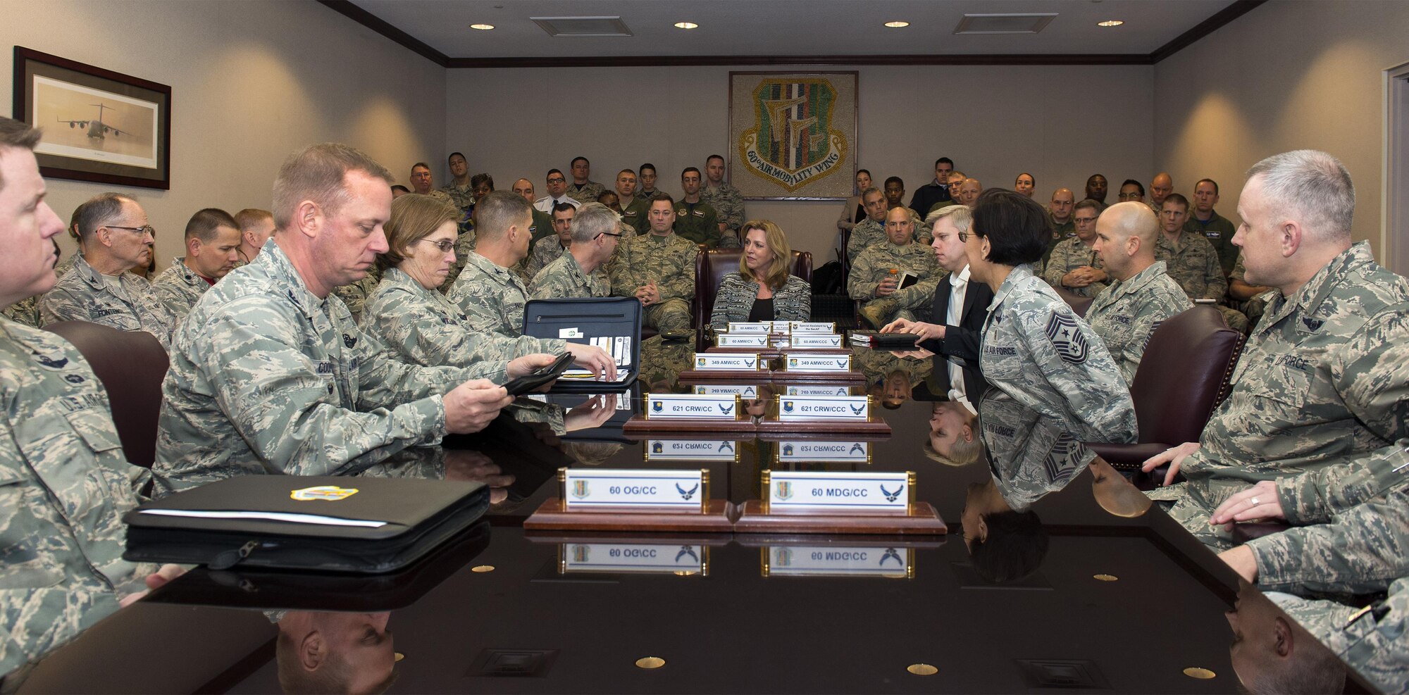 Air Force Secretary Deborah Lee James is given a mission brief by senior base leaders Jan. 8, 2016, at Travis Air Force Base, Calif. The briefing focused on the cornerstone functions of the installation such as the seamless total force integration of three separate wings, the employment of three major mobility weapons systems and Travis AFB’s strategic location serving as the lifeline to the Pacific theater. (U.S. Air Force photo/Heide Couch)