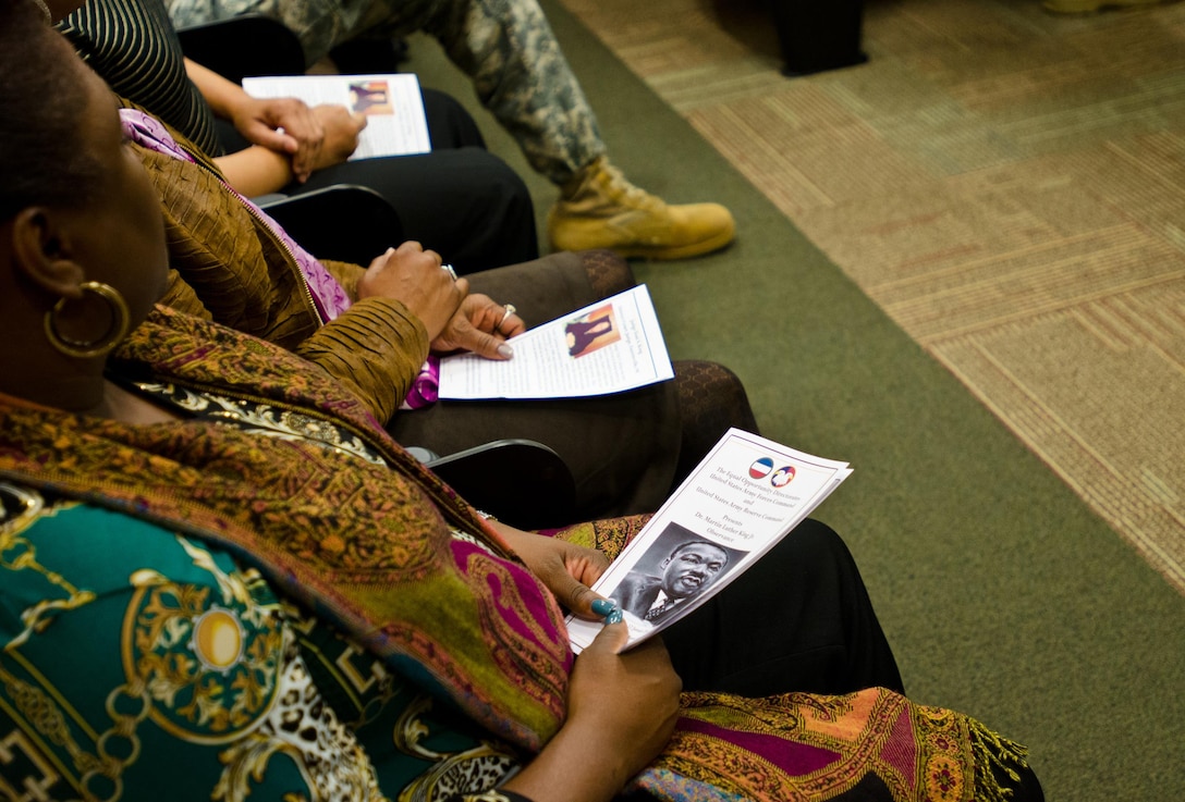 Soldiers and civilians with the U.S. Army Forces Command and U.S. Army Reserve Command took part in an observance ceremony in honor of the memory of Martin Luther King Jr. at FORSCOM/USARC headquarters, Jan. 12, 2016. The ceremony highlighted the achievements Dr. King accomplished and his lasting impact on the world. (U.S. Army photo by Brian Godette/Released)