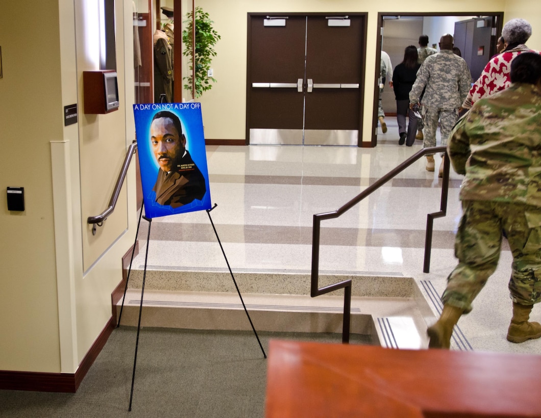 Soldiers and civilians with the U.S. Army Forces Command and U.S. Army Reserve Command took part in an observance ceremony in honor of the memory of Martin Luther King Jr. at FORSCOM/USARC headquarters, Jan. 12, 2016. The ceremony highlighted the achievements Dr. King accomplished and his lasting impact on the world. (U.S. Army photo by Brian Godette/Released)