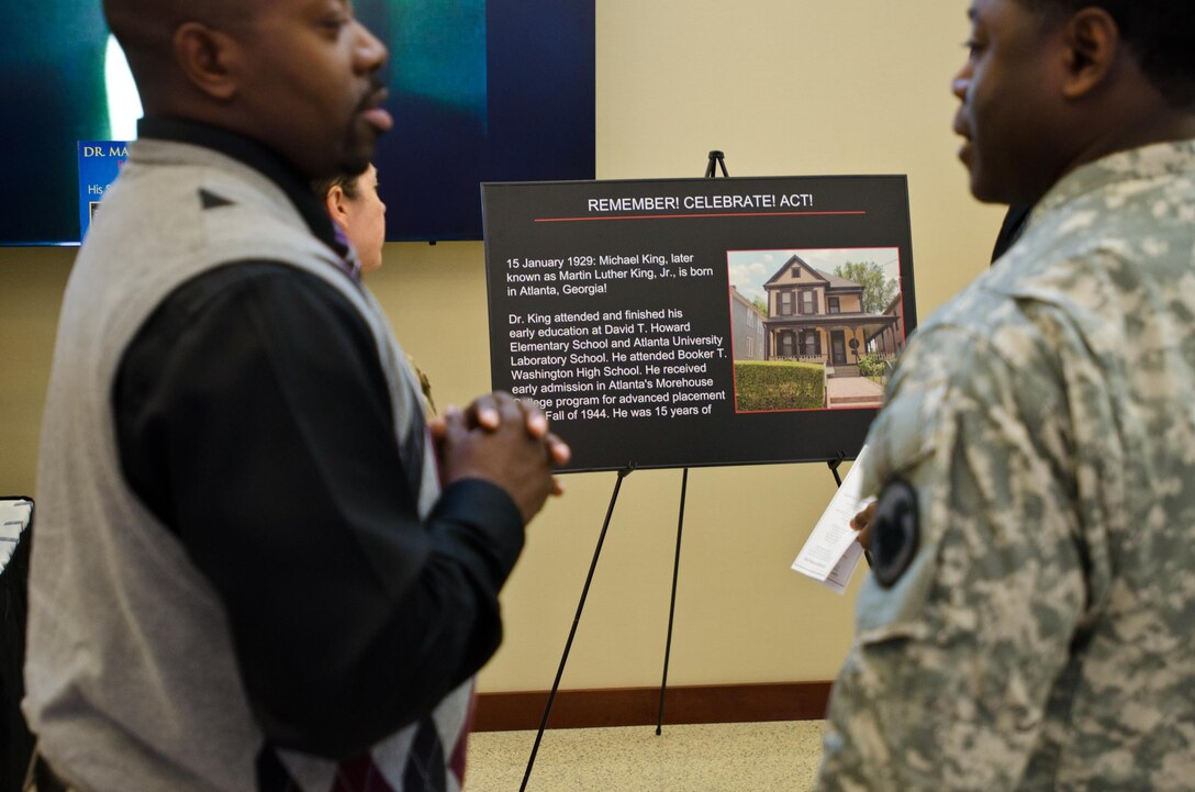 Soldiers and civilians with the U.S. Army Forces Command and U.S. Army Reserve Command took part in an observance ceremony in honor of the memory of Martin Luther King Jr. at FORSCOM/USARC headquarters, Jan. 12, 2016. The ceremony highlighted the achievements Dr. King accomplished and his lasting impact on the world. A display of key events and history during King's life was set up for public viewing. (U.S. Army photo by Brian Godette/Released)