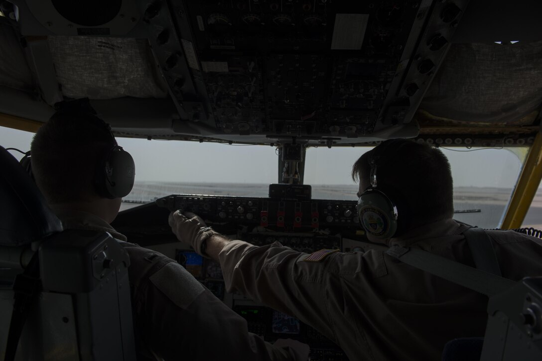 U.S. Air Force KC-135 Stratotanker pilots prepare for takeoff at Al Udeid Air Base, Qatar, in support of Operation Inherent Resolve, Jan. 8, 2016. U.S. Air Force photo by Tech. Sgt. Nathan Lipscomb
