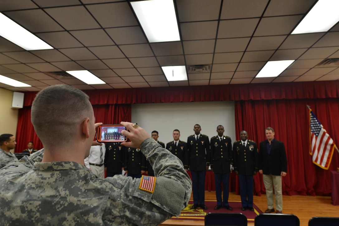 U.S. Army Reserve railway operations students with the Maritime and Intermodal Training school graduate at Fort Eustis, Va., Nov. 5, 2015. This was the first class of railway operation students to graduate Advanced Individual Training. (U.S. Air Force photo by Staff Sgt. Natasha Stannard)