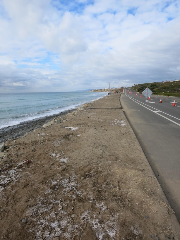 Repairs to the shoreline along Pacific Coast Highway in Carlsbad add protection to a vital highway along the Southern California coast. The City of Carlsbad placed about 1,200 tons of stone to reduce the impacts of winter storms and high tides.