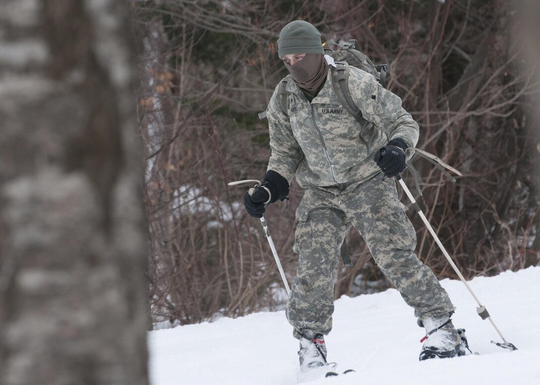 A Vermont National Guardsman skis down the mountain during training at Bolton Valley Resort in Bolton, Vt., Jan. 9, 2016. Vermont Army National Guard photo by Spc. Avery Cunningham