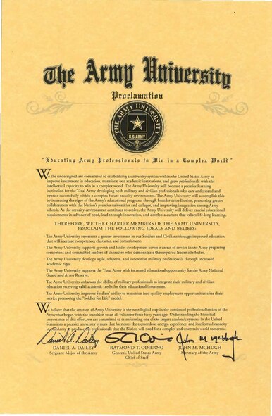 Army University officials integrated 70 separate U.S. Army Training and Doctrine Command internal school programs under one university system while syncing instruction with a variety of other TRADOC institutions. Army University is located at Fort Leavenworth, Kansas. It was established July 7, 2015. Air University is similar in structure.