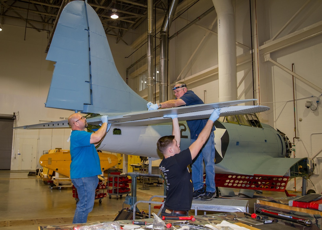 Restoration is carried out on a World War II-era Douglas SBD-3 Dauntless dive bomber that will be installed in the National Museum of the Marine Corps. The airplane was lost in Lake Michigan toward the end of the war and was recovered in the 1990s.
