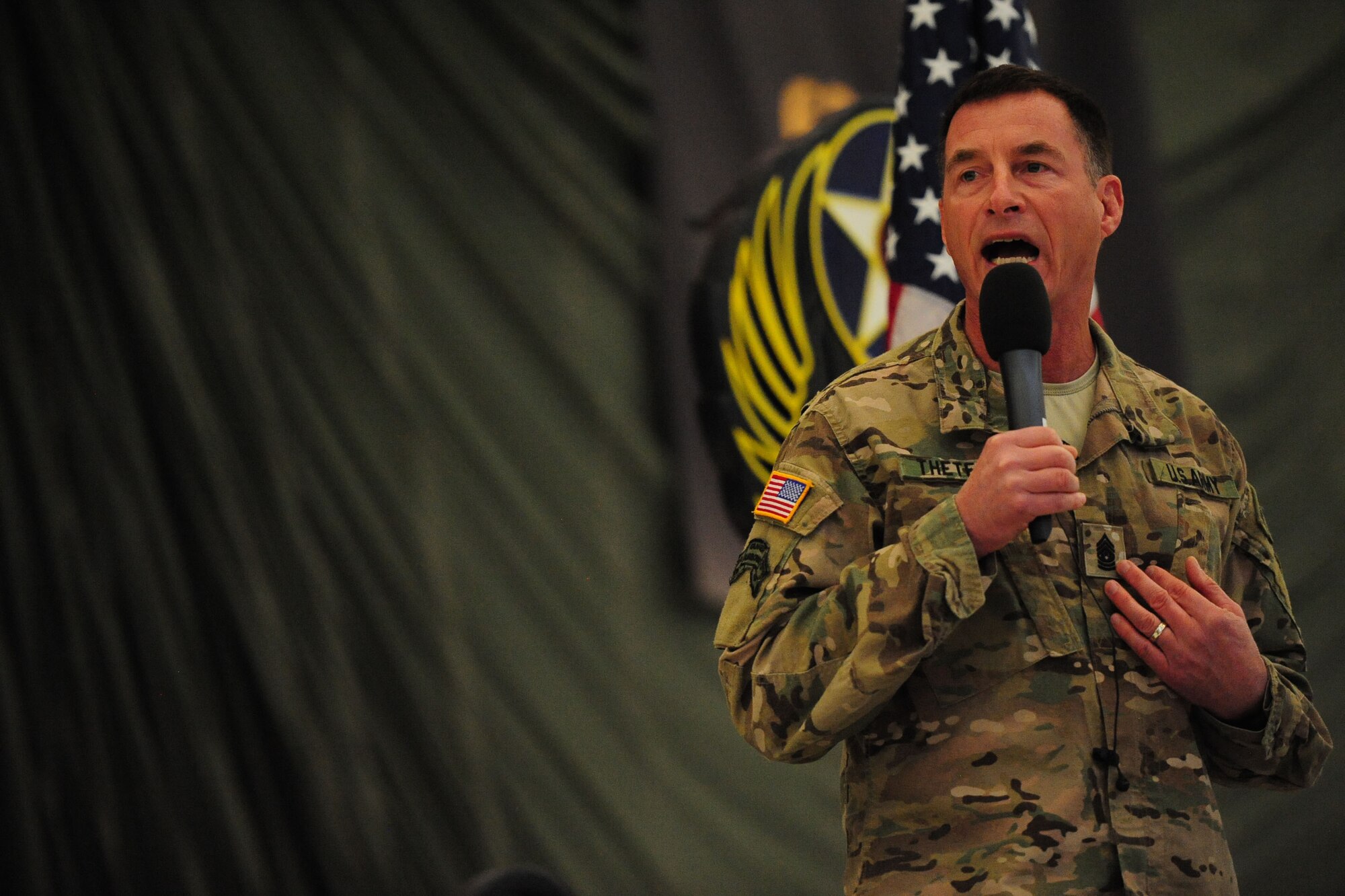 Command Sgt. Maj. William Thetford, U.S. Special Operations Command senior enlisted advisor, speaks with the Cannon enlisted force Jan. 7, 2016, during an all-call at Cannon Air Force Base, N.M. (U.S. Air Force photo/Tech. Sgt. Manuel Martinez)