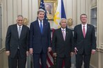 Secretary of State John Kerry and Secretary of Defense Ash Carter pose for a photo with Filipino Secretary of Foreign Affairs Albert del Rosario (left) and Secretary of of National Defense Voltaire Gazmin (second from right) at the State Department Jan. 12, 2016. The leaders met to discuss matters of mutual importance. 