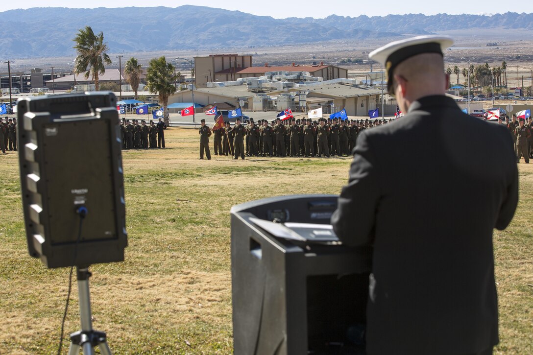 Navy Lt. William C. Daniels, chaplain, 2nd Battalion, 7th Marine Regiment, gives an invocation prior to the battalion’s 75th anniversary and battle colors rededication ceremony at Lance Cpl. Torrey L. Gray Field, Jan. 8, 2016. (Official Marine Corps photo by Lance Cpl. Levi Schultz/Released)