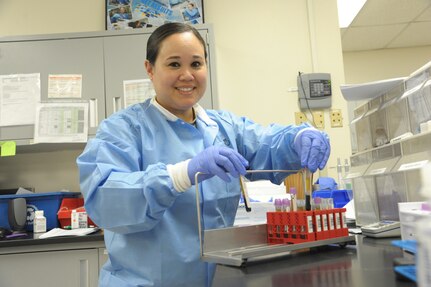 Technical Sgt. Clarissa Spangler, 359th Aerospace Medicine Squadron laboratory and radiology flight chief, organizes blood samples Monday at Joint Base San Antonio-Randolph. The Laboratory Clinic tests and analyzes specimens using scientific laboratory techniques to aid in the diagnosis, treatment and prevention of diseases.    