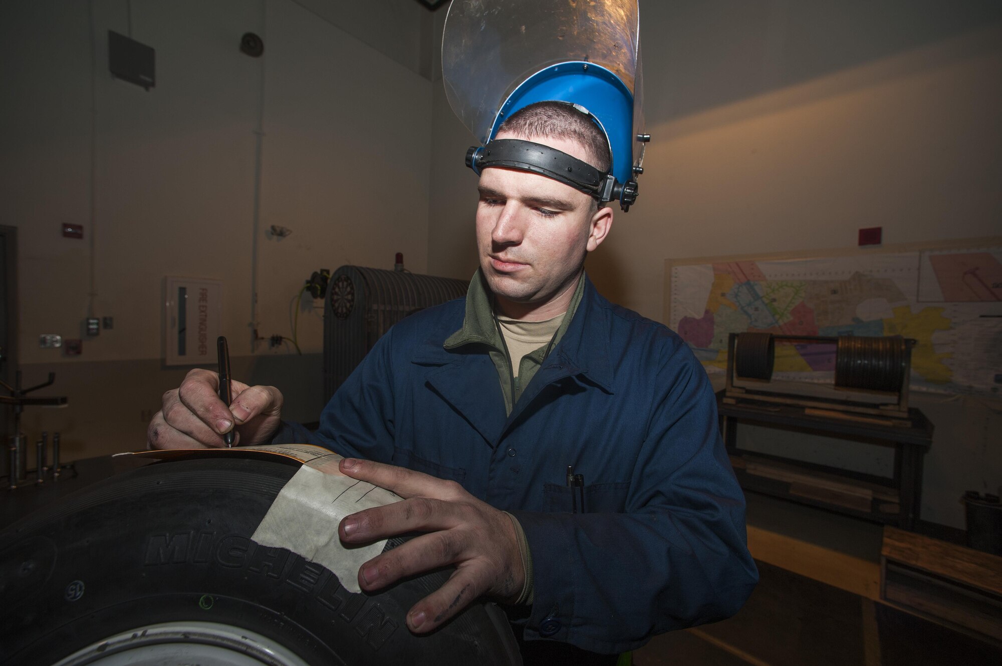 Senior Airman Matthew Ring, 8th Maintenance Squadron transient assistance crash recovery journeyman, performs a leak check on an F-16 Fighting Falcon landing gear tire at Kunsan Air Base, Republic of Korea, Jan. 7, 2016. In the tire shop, one of Ring’s responsibilities is to ensure that he gets tires from the aircraft maintenance units, break them down, rebuild them and get them returned as soon as possible. (U.S. Air Force photo by Staff Sgt. Nick Wilson/Released)