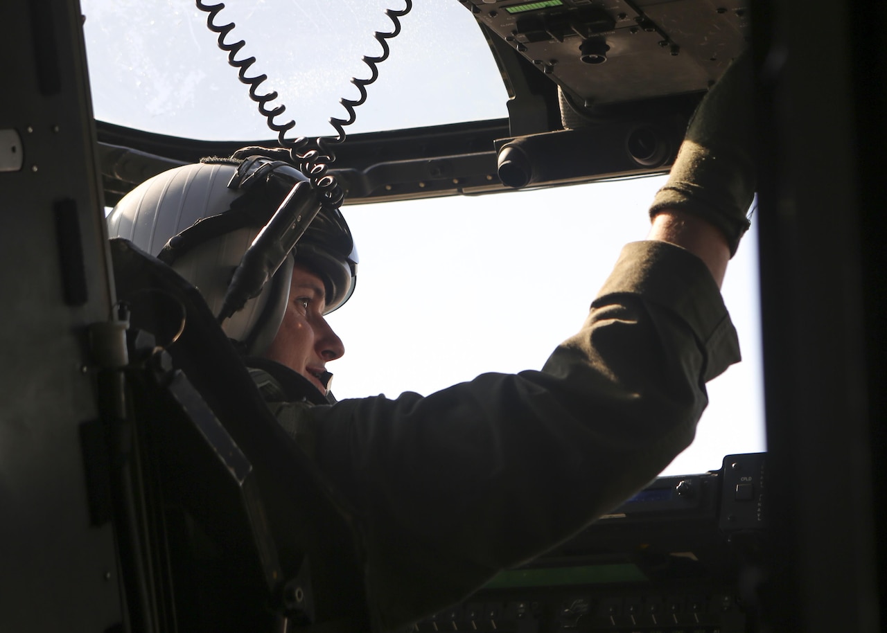 1st Lt. Erik Erlandson completes the pre-flight checklist aboard the MV-22B Osprey prior to take-off of his final flight with Marine Medium Tiltrotor Training Squadron 204 at Marine Corps Air Station New River, N.C., Jan. 12, 2016. Erlandson underwent four months of intensive flight training on the MV-22B to ensure he could meet all the standards required of Marine Corps pilots in the operating forces.(U.S. Marine Corps photo by Cpl. Michelle Reif/ Released.)   