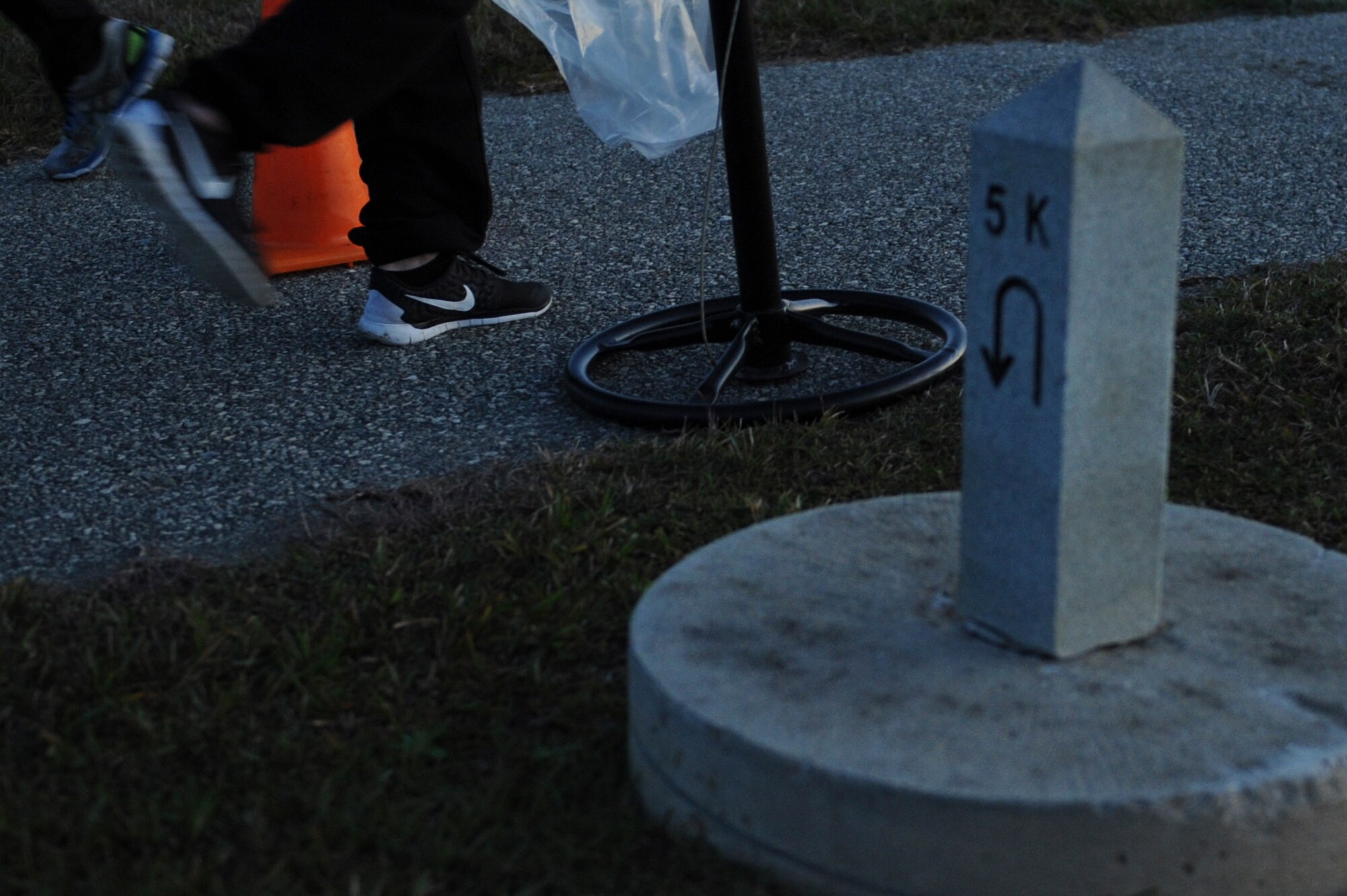 An Airman turns around at the halfway mark during the Martin Luther King Jr. Day 5k, Jan. 13, 2016, at Moody Air Force Base, Ga. The runners braved the nearly-freezing temperatures to celebrate the MLK holiday. (U.S. Air Force photo by Airman 1st Class Kathleen D. Bryant/Released)
