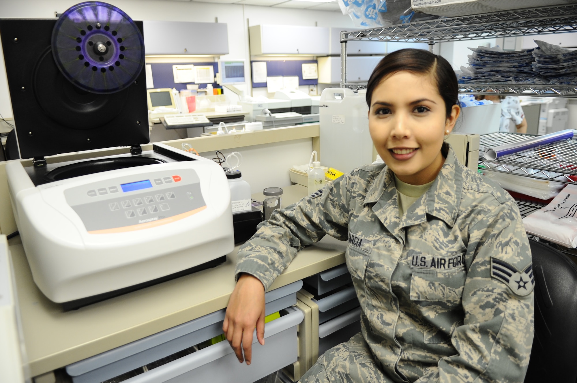 Senior Airman Jazmin Garcia, 325th Medical Support Squadron medical laboratory technician, poses for a photo at the 325th Medical Group laboratory Jan. 12. Garcia was chosen as this week’s unsung hero. (U.S. Air Force photo by Senior Airman Ty-Rico Lea/Released)