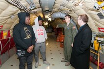 Senior Airman Patrick Oberlin, 756th Air Refueling Squadron boom operator, tells stories about refueling missions to Luke C. Moore Academy students during a tour here Jan. 7, 2016. The visit was part of the school’s career center initiative to help students identify potential employers and career opportunities. (U.S. Air Force photo by Staff Sgt. Kat Justen)