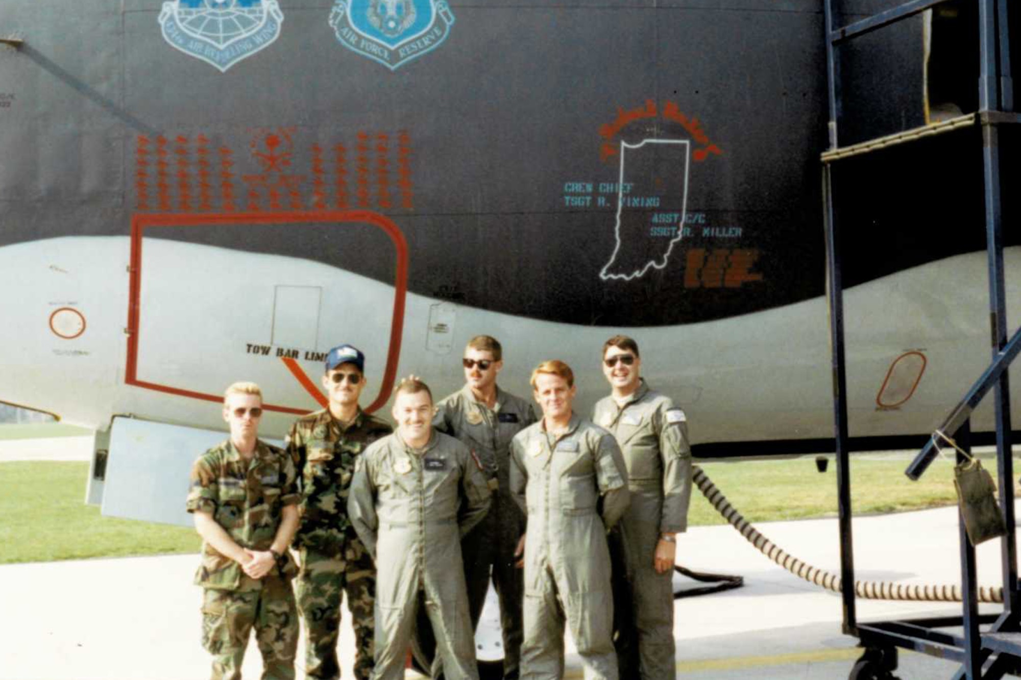 434th Air Refueling Wing Airmen pose next to a KC-135 at Mildenhall AFB, United Kingdom. From the left is Sean Mahoney, Rich Miller, Chris Scher,  Rusty Owen and Mark Cole. (U.S. Air Force courtesy photo/Senior Master Sgt. Rich Miller)