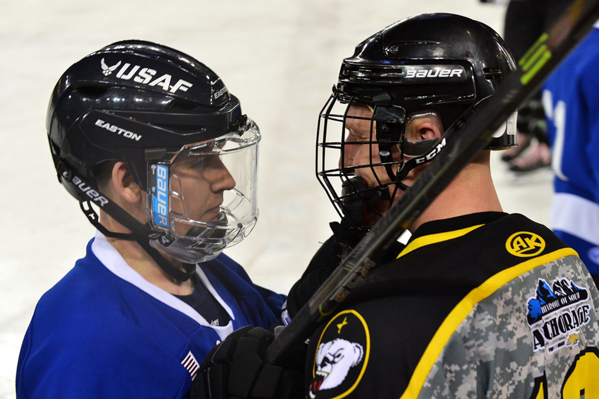 The annual JBER Air Force vs. Army hockey match was at the Sullivan Arena Jan 9. The Army came back from a 4-1 point deficit to win the game in a shoot-out and a final score of 7-6. (Air Force photo by Airman 1st Class Kyle Johnson/Released)