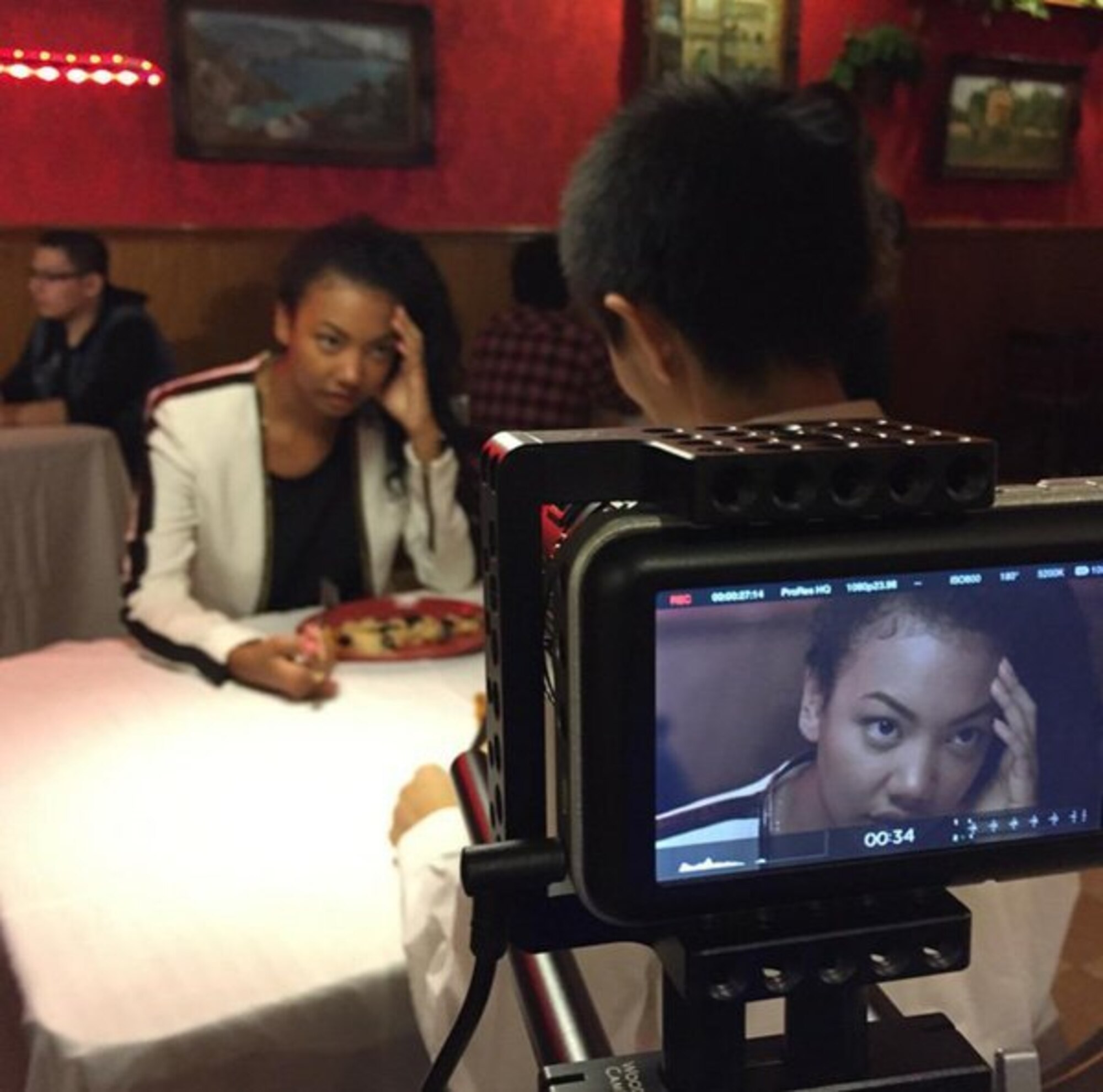 Asia Jackson films a scene in the 2014 short independent film, The End of the Line. The daughter of Baron Jackson, the Launch Enterprise Directorate's chief of the information technology branch with the Space and Missile Systems Center at Los Angeles Air Force Base in El Segundo, Calif., the aspiring model and actress guest starred on ABC-TV’s Modern Family Jan. 13, 2015 in an episode entitled “Spread your Wings.” (Courtesy photo)