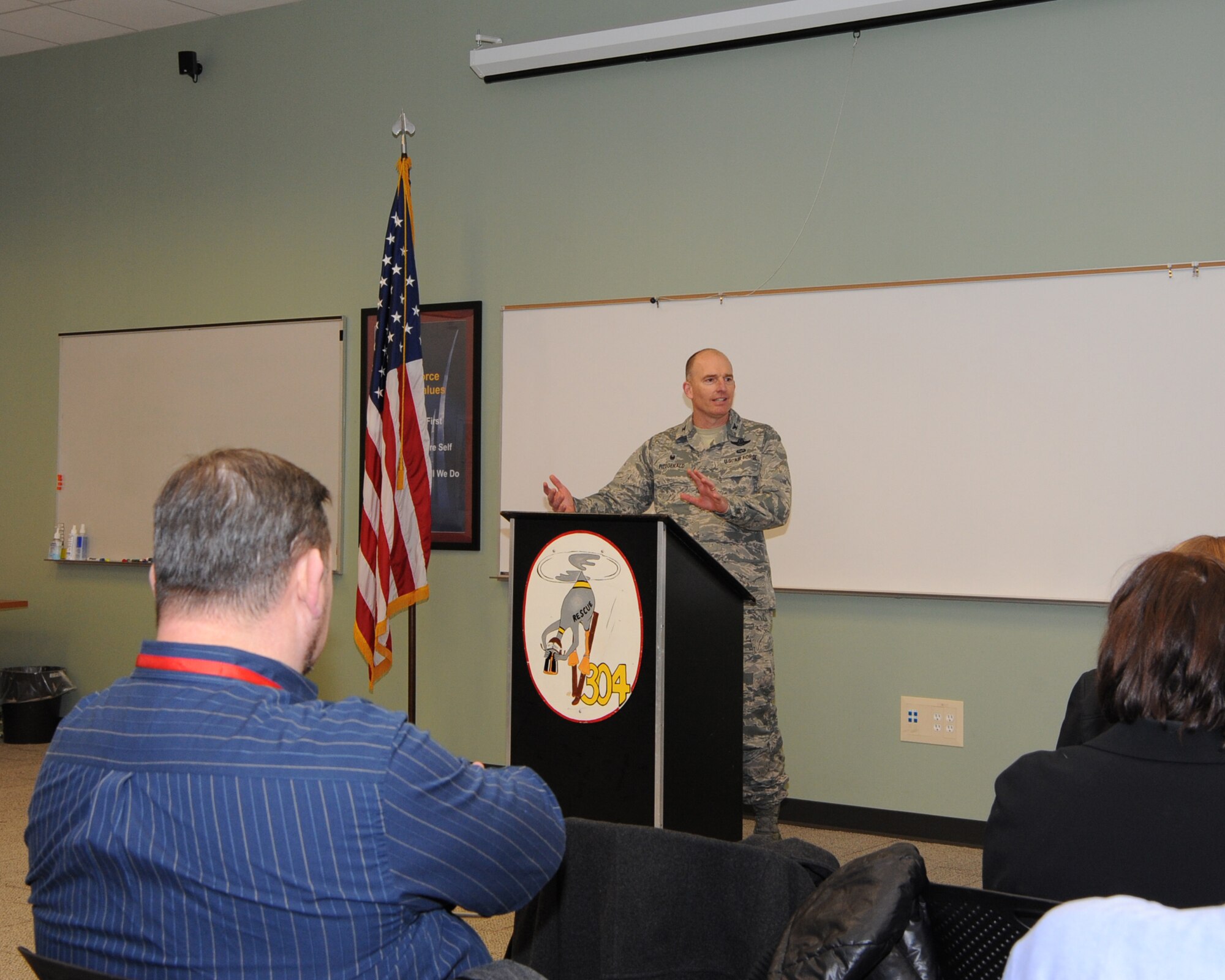 Col. Paul Fitzgerald, 142nd Fighter Wing Commander, addresses attendees at the 142nd Fighter Wing and the Port of Portland ribbon-cutting ceremony held at the Portland Air National Guard Base, Ore., 13 Jan., 2016.  The ceremony signifies the Oregon Air National Guard’s return of 27 acres, 4 buildings and 52 percent of the west ramp of PDX to the Port of Portland during a ceremony (U.S. Air National Guard photo by Master Sgt. Shelly Davison, 142nd Fighter Wing Public Affairs)