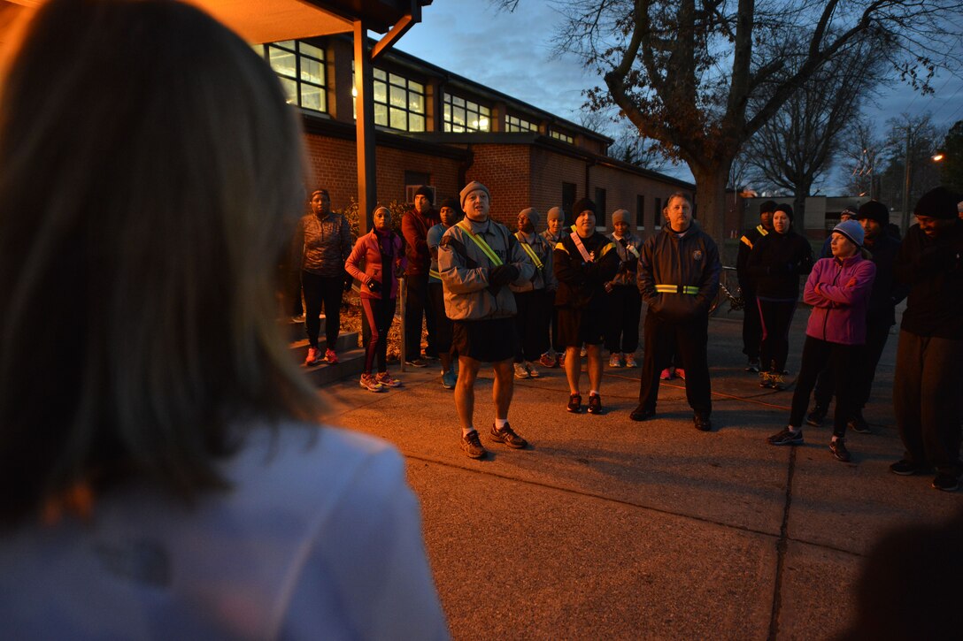 U.S. Army Maj. Gen. Anthony C. Funkhouser, the commander of the U.S. Army Training and Doctrine Command Center for Initial Military Training, speaks to Civilian Commander’s Cup Challenge participants before the cup’s kickoff at Fort Eustis, Va., Jan. 7, 2015. The kickoff involved a 5K run, which awarded competitors points in the challenge. (U.S. Air Force photo by Staff Sgt. Natasha Stannard)