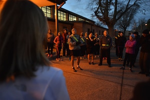 U.S. Army Maj. Gen. Anthony C. Funkhouser, the commander of the U.S. Army Training and Doctrine Command Center for Initial Military Training, speaks to Civilian Commander’s Cup Challenge participants before the cup’s kickoff at Fort Eustis, Va., Jan. 7, 2015. The kickoff involved a 5K run, which awarded competitors points in the challenge. (U.S. Air Force photo by Staff Sgt. Natasha Stannard)
