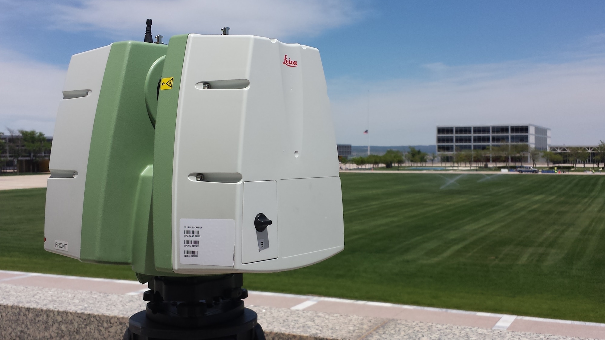 U.S. AIR FORCE ACADEMY, Colo. – A Leica C10 High Definition Survey Instrument from the 21st Civil Engineer Squadron execution support office at Peterson Air Force Base, Colo., overlooks the cadet area to complete scans in a research project June 16, 2014. The laser scanner allows the execution support technicians to collect billions of plot points for a site survey in a few hours, rather than weeks. (courtesy photo)