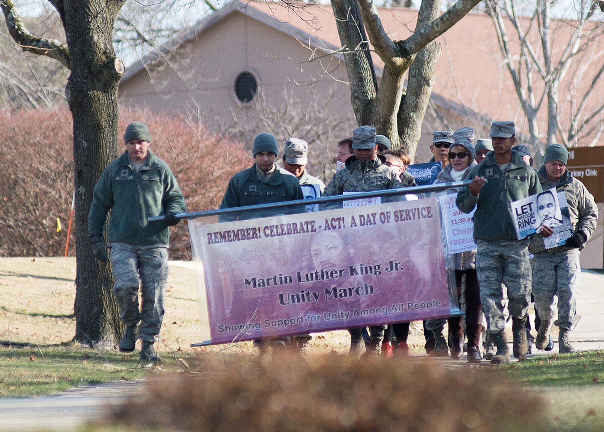 Members of the Hanscom community participate in a one-mile Unity March on base Jan. 12 to remember Dr. Martin Luther King, Jr. The march followed a proclamation signing by the 66th Air Base Group commander. Also scheduled is a celebration to remember the life of MLK Jan. 15 at 11:30 a.m. in the base chapel. (U.S. Air Force photo by Mark Herlihy)