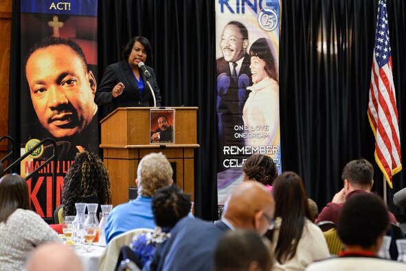 Sandra Hollins, a member of the Utah House of Representatives serving District 23, speaks to Team Hill members during the annual Martin Luther King Jr. commemoration luncheon at Hill Air Force Base, Utah, Jan. 12, 2016. In the House of Representatives, Hollins serves as a member of the Social Services Appropriations, Health and Human Services, Law Enforcement and Criminal Justice Committee, and the Child Welfare Legislative Oversight Panel. (U.S. Air Force photo by R. Nial Bradshaw)