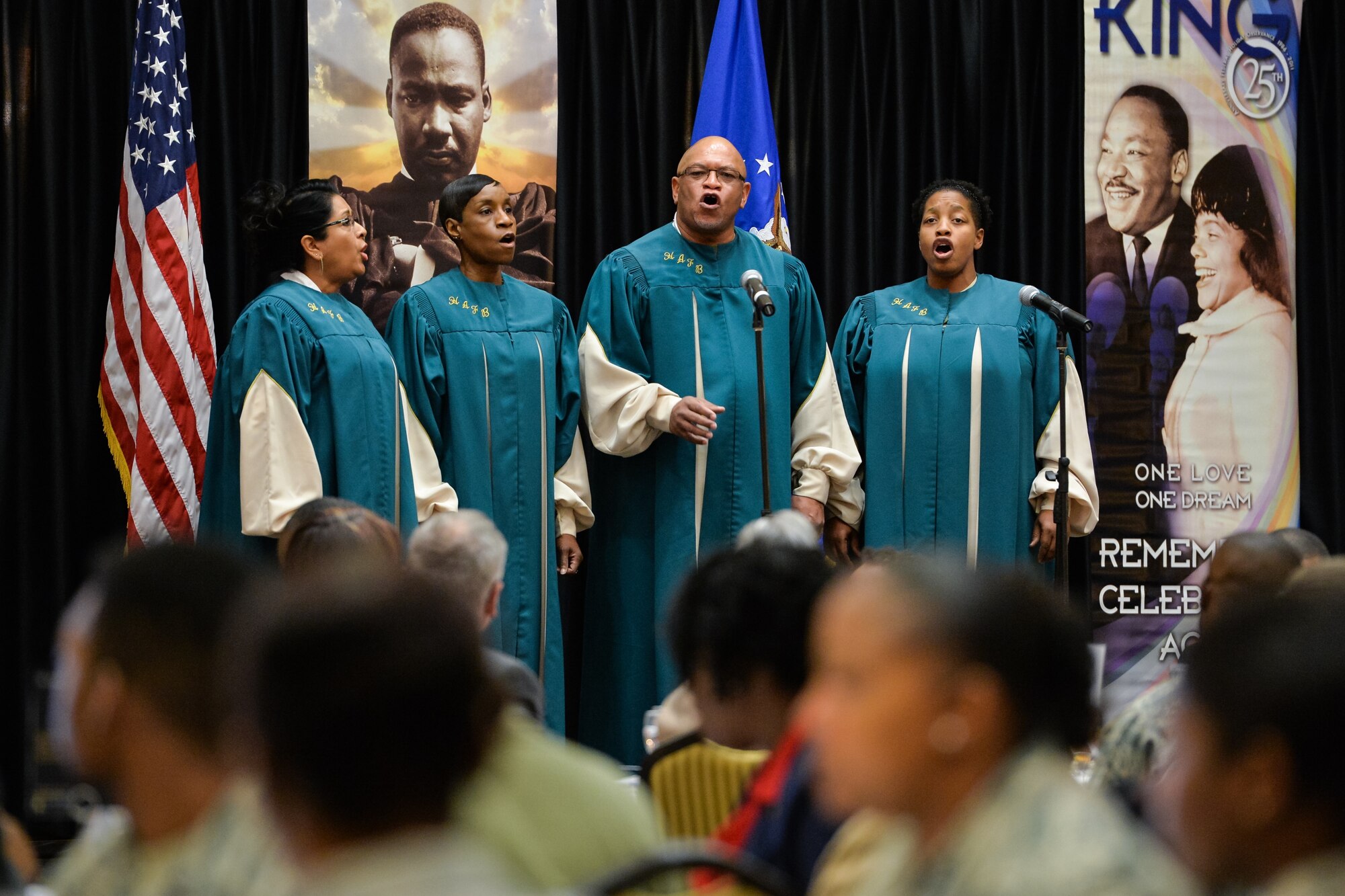The Hill Air Force Base Inspirational Gospel Choir sings during the annual Martin Luther King Jr. commemoration luncheon at Hill Air Force Base, Utah, Jan. 12, 2016. Sandra Hollins, a member of the Utah House of Representatives, was the event’s guest speaker. (U.S. Air Force photo by R. Nial Bradshaw)