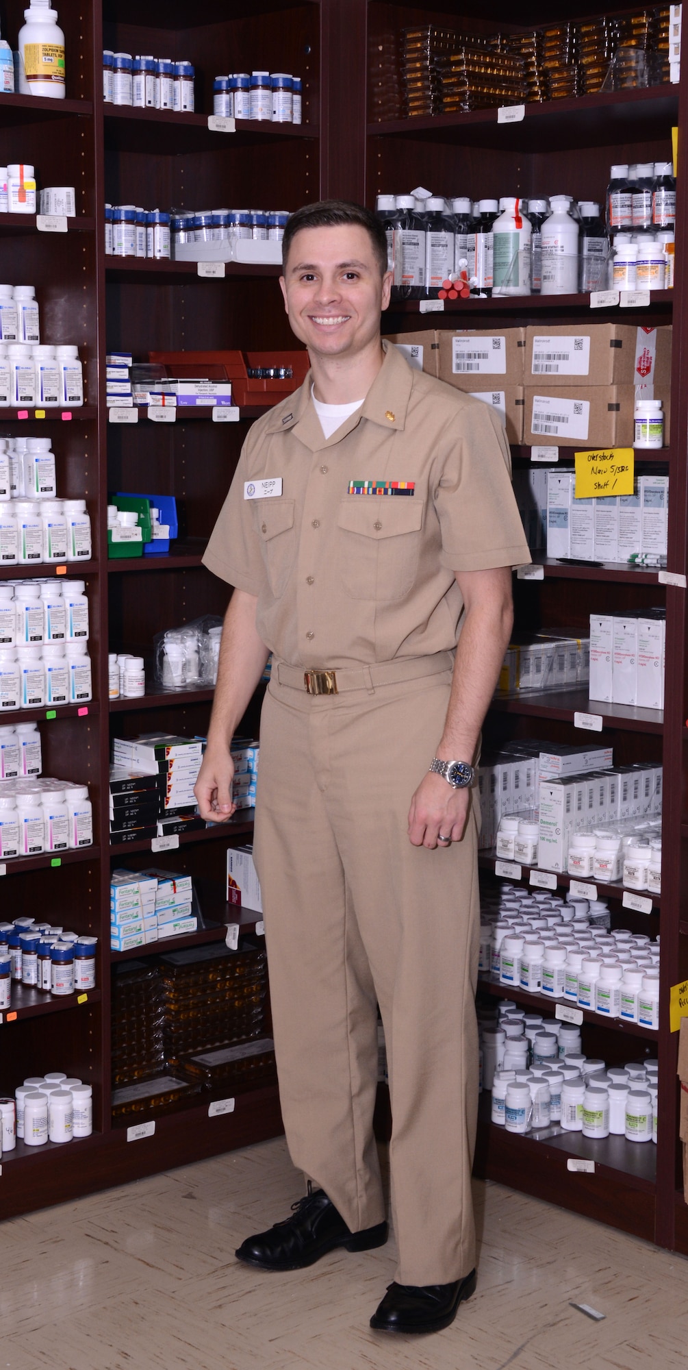 Lieutenant James Neipp and the Pharmacy Department of U.S. Naval Hospital Okinawa, Japan took home a DoD Quality and Patient Safety Award for the project “Reduction of Not-In-Stock Medication Levels.” The efforts of Neipp and his team resulted in a potential annual cost savings of more than $500,000 for USNHO. (U.S. Navy photo by Mass Communication Specialist 3rd Class William McCann)