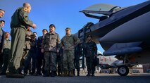 Lt. Col. Nicholas Evans, 36th Fighter Squadron commander, briefs Gen. Lee, Sun-Jin, Chairman of the Republic of Korea Joint Chiefs of Staff and Joint Defense Headquarters chief director, during a recent visit on Osan Air Base, ROK, Jan. 11, 2016. Lee visited Team Osan to discuss the US/ROK alliance after recent provocative action by North Korea. He toured various facilities across the base and spoke with leadership, reinforcing the bond between the ROK and U.S. (U.S. Air Force photo/Senior Airman Kristin High)