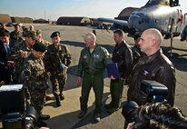 Col. Andrew Hansen, 51st Fighter Wing Commander, introduces Gen. Lee, Sun-Jin, Chairman of the Republic of Korea Joint Chiefs of Staff and Joint Defense Headquarters chief director, to Osan Airmen during a recent visit on Osan Air Base, ROK, Jan. 11, 2016. Lee visited the base in an effort to reaffirm the alliance between the two nations after recent provocative action by North Korea. (U.S. Air Force photo/Senior Airman Kristin High)
