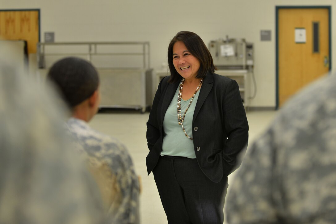 The Honorable Debra Wada, Assistant Secretary of the Army for Manpower and Reserve Affairs, visits with Soldiers at the Army Reserve Center at Fort Eustis, Va., Jan. 11, 2015. Wada spoke with the Soldiers about concerns and ways to improve components of the Army Reserve. (U.S. Air Force photo by Staff Sgt. Natasha Stannard)