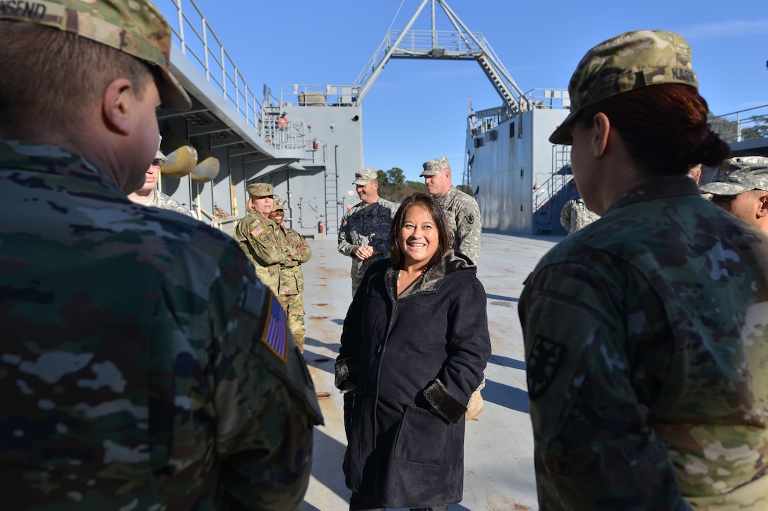 U.S. Army Col. Stacy Townsend, left, commander of the 7th Transportation Brigade (Expeditionary), and  Lt. Col. Kimberly Nash, right, commander of the 10th Transportation Battalion, brief the Honorable Debra Wada, Assistant Secretary of the Army for Manpower and Reserve Affairs, at Fort Eustis, Va., Jan. 11, 2015. During her tour, Wada visited with Soldiers ranging from water craftsmen to aviators, and Advanced Individual Training instructors. (U.S. Air Force photo by Staff Sgt. Natasha Stannard)