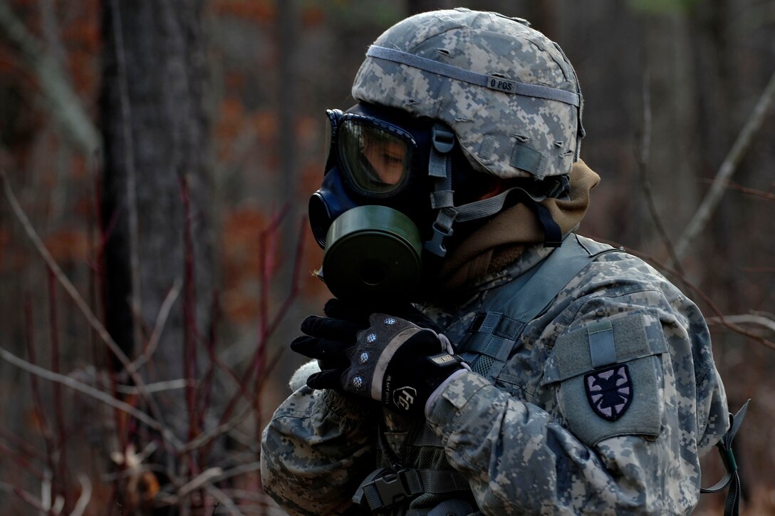 A U.S. Soldier assigned to the 73rd Transportation Floating Craft Company of the 19th Transportation Battalion, 7th Transportation Brigade (Expeditionary), dons a gas mask during a field training exercise at Fort A.P. Hill, Va., Jan. 12, 2016. The training area featured a combination of wooded and open areas, consisting of moderately level terrain with open fields bordered by dense to light vegetation areas, which provided a varied training experience.  (U.S. Air Force photo by Senior Airman Breonna Veal)
