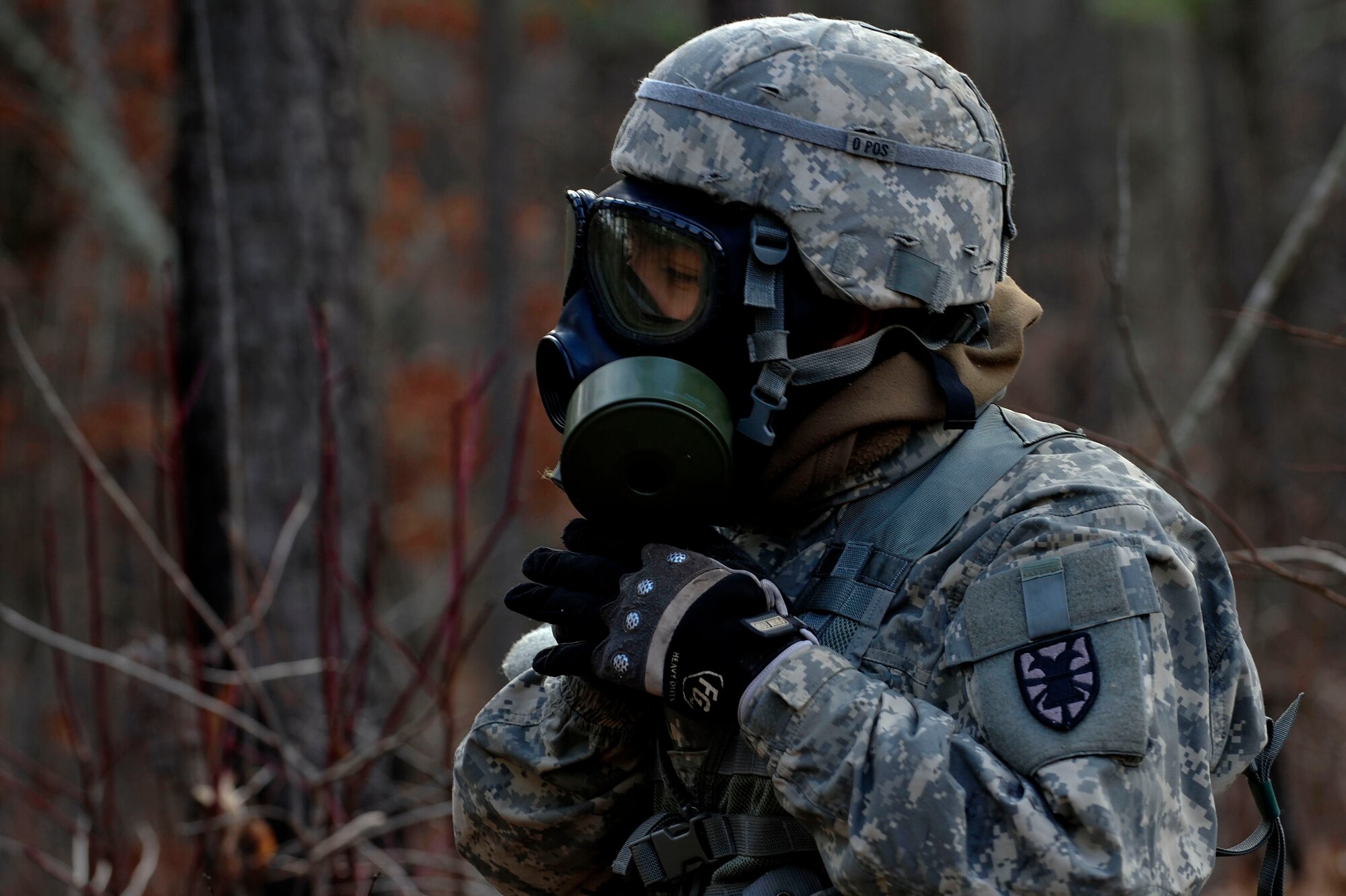 A U.S. Soldier assigned to the 73rd Transportation Floating Craft Company of the 19th Transportation Battalion, 7th Transportation Brigade (Expeditionary), dons a gas mask during a field training exercise at Fort A.P. Hill, Va., Jan. 12, 2016. The training area featured a combination of wooded and open areas, consisting of moderately level terrain with open fields bordered by dense to light vegetation areas, which provided a varied training experience.  (U.S. Air Force photo by Senior Airman Breonna Veal)