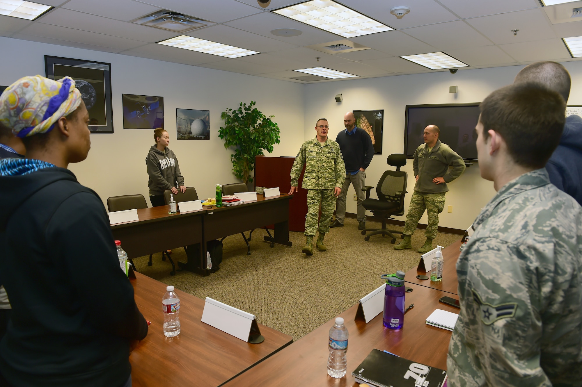 Chief Master Sgt. Joseph Stratil, 460th Operations Group superintendent, speaks to students attending the inaugural college class Jan. 12, 2016, at the Airmen Center of Excellence on Buckley Air Force Base, Colo. Colorado Christian University partnered with Buckley AFB in order to bring college level courses to Buckley AFB. (U.S. Air Force photo by Airman 1st Class Luke W. Nowakowski/Released)
