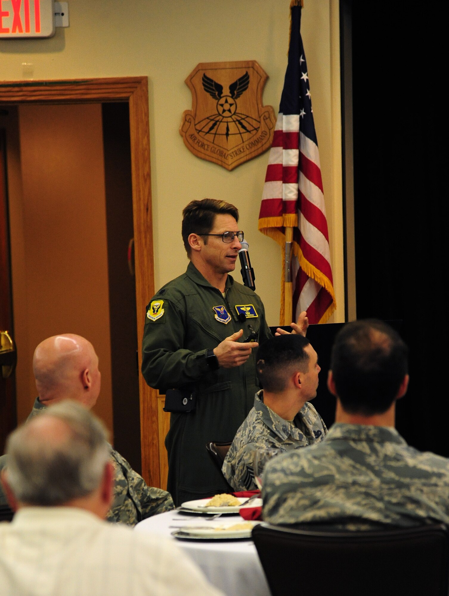 Lt. Col. Daniel Murray, a 509th Medical Operations Squadron flight surgeon, speaks during the Base Community Council (BCC) luncheon at Whiteman Air Force Base, Mo., Jan. 6, 2016. Specific communities are featured during each meeting, highlighting outreach programs and concerns. To learn more about the Whiteman BCC, you can visit their Facebook page titled “Whiteman Air Force Base Community Council.” (U.S. Air Force photo by Senior Airman Joel Pfiester)
