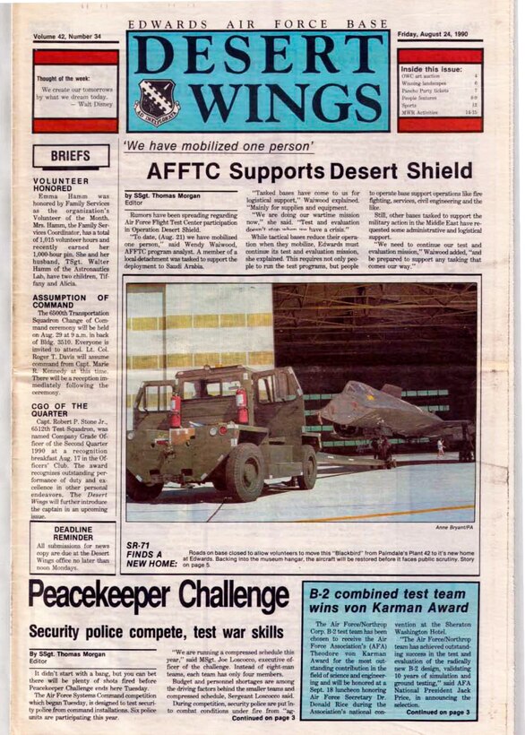 In August of 1990, Edwards Air Force Base along with bases around the world, began deploying for Operation Desert Shield, which turned into Operation Desert Storm Jan. 16, 1991. (U.S. Air Force graphic) 
