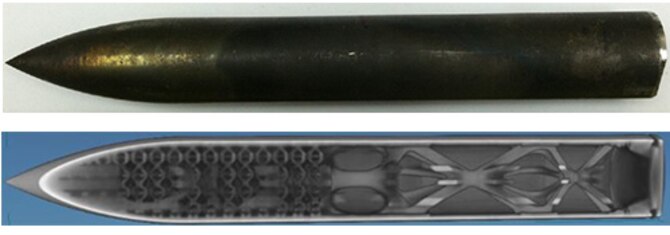Proof-of-concept design of subscale additively manufactured penetrators showing internal features that are not possible with traditional subtractive manufacturing techniques. (U.S. Air Force image)