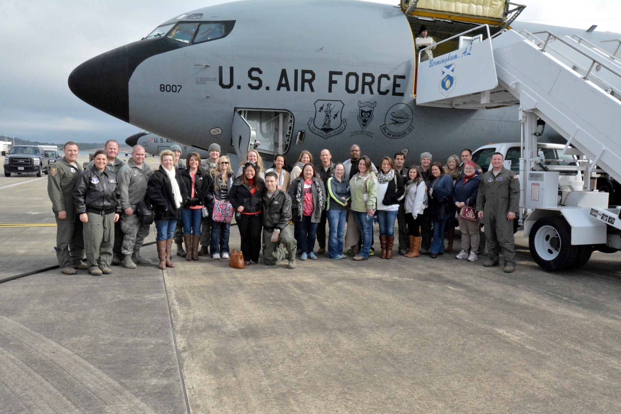 Spouses from two Alabama Air National Guard units to took a ride in a KC-135R Stratotanker over Montgomery, Ala. as part of an incentive flight, January 10, 2016. The flight which  involved the 117th Air Refueling Wing and the 187th Fighter Wing helped spouses learn more about the Air Guard mission. (U.S. Air National Guard photo by: Capt. Jonathan Russell/Released)