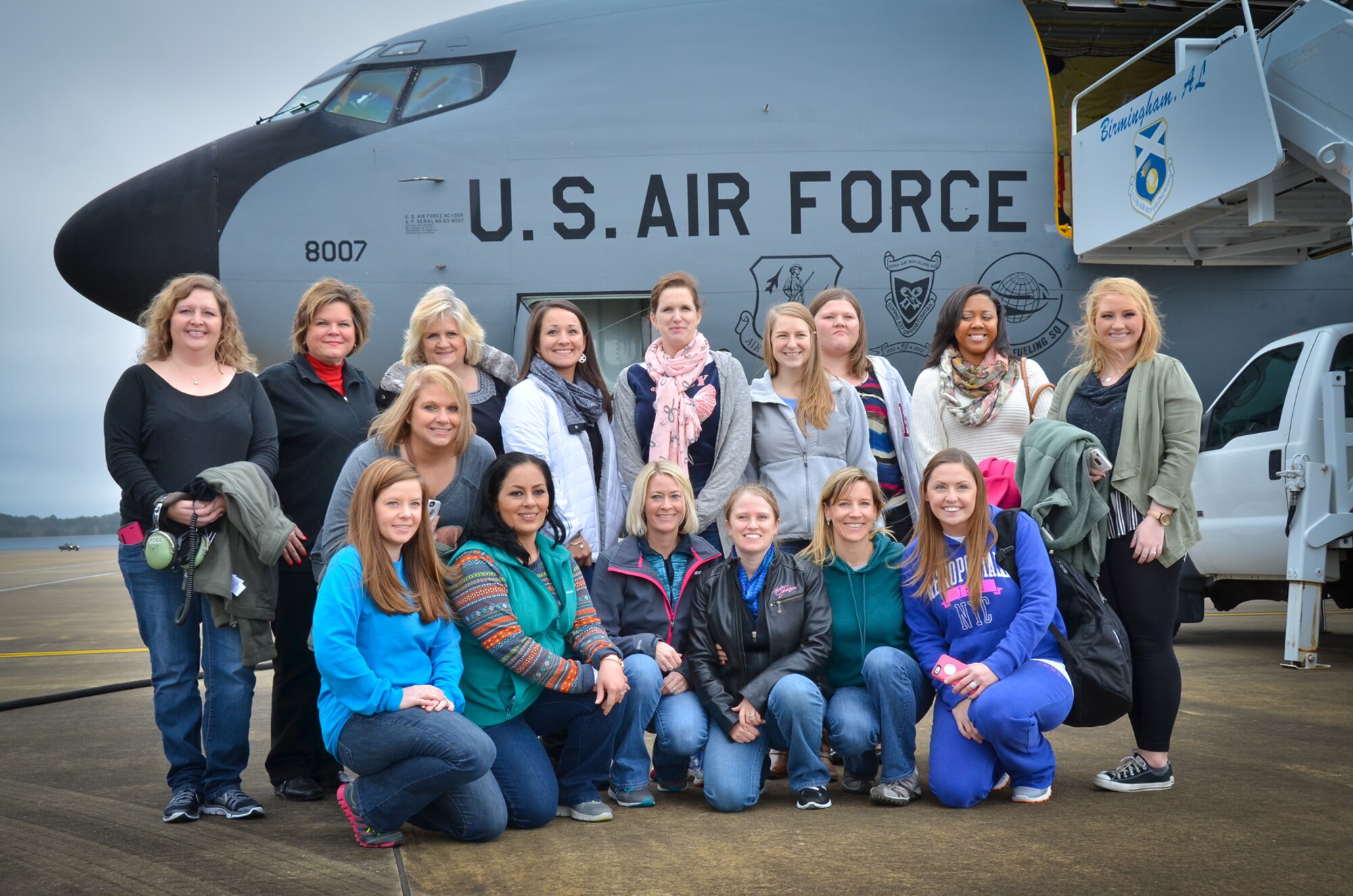 Spouses from two Alabama Air National Guard units to took a ride in a  KC-135R Stratotanker over Montgomery, Ala. as part of an incentive flight, January 9, 2016. The flight which  involved the 117th Air Refueling Wing and the 187th Fighter Wing  helped spouses learn more about the Air Guard mission.  (U.S. Air National Guard photo by: Senior Airman Wesley Jones/Released)