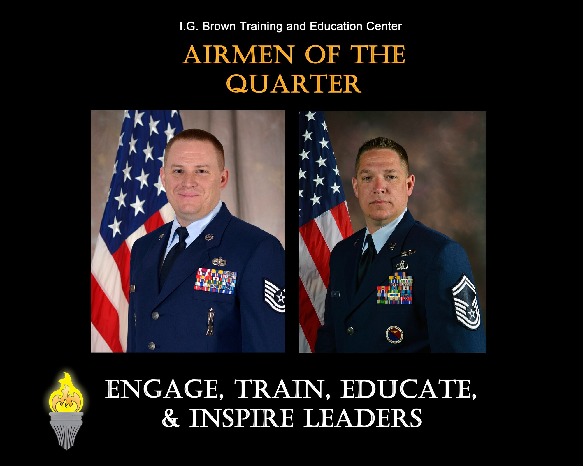 MCGHEE TYSON AIR NATIONAL GUARD BASE, Tenn. - From left, Tech. Sgt. Timothy Fry, NCO of the quarter, and Senior Master Sgt. William Britt, senior NCO of the quarter, are recognized for their outstanding service at the I.G. Brown Training and Education Center, from October to December 2015. (U.S. Air National Guard file photo illustration/Released)