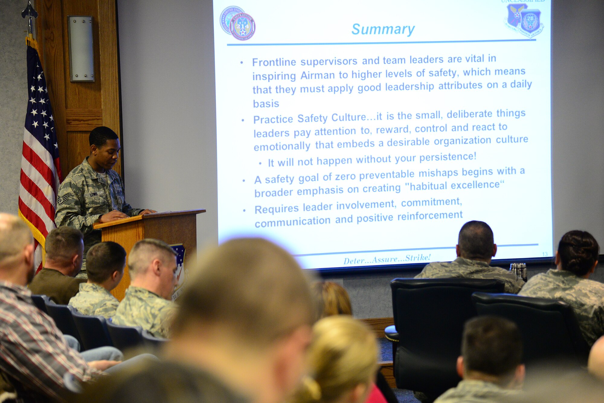 Staff Sgt. Dorian Lewis, 341st Missile Wing safety technician, gives a briefing Jan. 11, 2016, at Malmstrom Air Force Base, Mont. Lewis discussed safety topics as well as developing a safety culture within the Air Force as part of the Wing Safety Stand Down Day.  (U.S. Air Force photo by Airman 1st Class Magen M. Reeves)