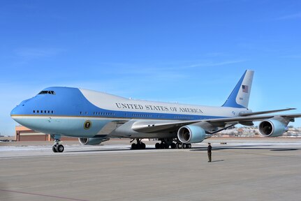 Air Force One is taxied into position on the flight line at Offutt Air Force Base, Neb., Jan. 13, 2015. U.S. Navy Adm. Cecil D. Haney, U.S. Strategic Command (USSTRATCOM) commander, senior leaders from 55th Wing and Nebraska leaders - including Nebraska Governor, Pete Ricketts; Omaha Mayor, Jean Stothert, and Bellevue Mayor, Rita Sanders - were in attendance to welcome President Barack H. Obama upon his arrival. While here, the President gave a speech at the University of Nebraska Omahaâ€™s Baxter Arena and made a surprise visit to an Omaha-area resident. One of nine DoD unified combatant commands, USSTRATCOM has global strategic missions, assigned through the Unified Command Plan, which include strategic deterrence; space operations; cyberspace operations; joint electronic warfare; global strike; missile defense; intelligence, surveillance and reconnaissance; combating weapons of mass destruction; and analysis and targeting. (USSTRATCOM photo by U.S. Air Force Staff Sgt. Jonathan Lovelady)