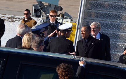 U.S. Navy Adm. Cecil D. Haney (white hat), U.S. Strategic Command (USSTRATCOM) commander, and senior leaders from Nebraska and the 55th Wing greet President Barack H. Obama at Offutt Air Force Base, Neb., Jan. 13, 2015. While here, President Obama gave a speech at the University of Nebraska Omahaâ€™s Baxter Arena and made a surprise visit to an Omaha-area resident. Key Nebraska leaders, including Nebraska Governor, Pete Ricketts; Omaha Mayor, Jean Stothert, and Bellevue Mayor, Rita Sanders; were also in attendance to welcome President Obama upon his arrival. One of nine DoD unified combatant commands, USSTRATCOM has global strategic missions, assigned through the Unified Command Plan, which include strategic deterrence; space operations; cyberspace operations; joint electronic warfare; global strike; missile defense; intelligence, surveillance and reconnaissance; combating weapons of mass destruction; and analysis and targeting. (Photo courtesy of Josh Plueger, 55th Wing Public Affairs)