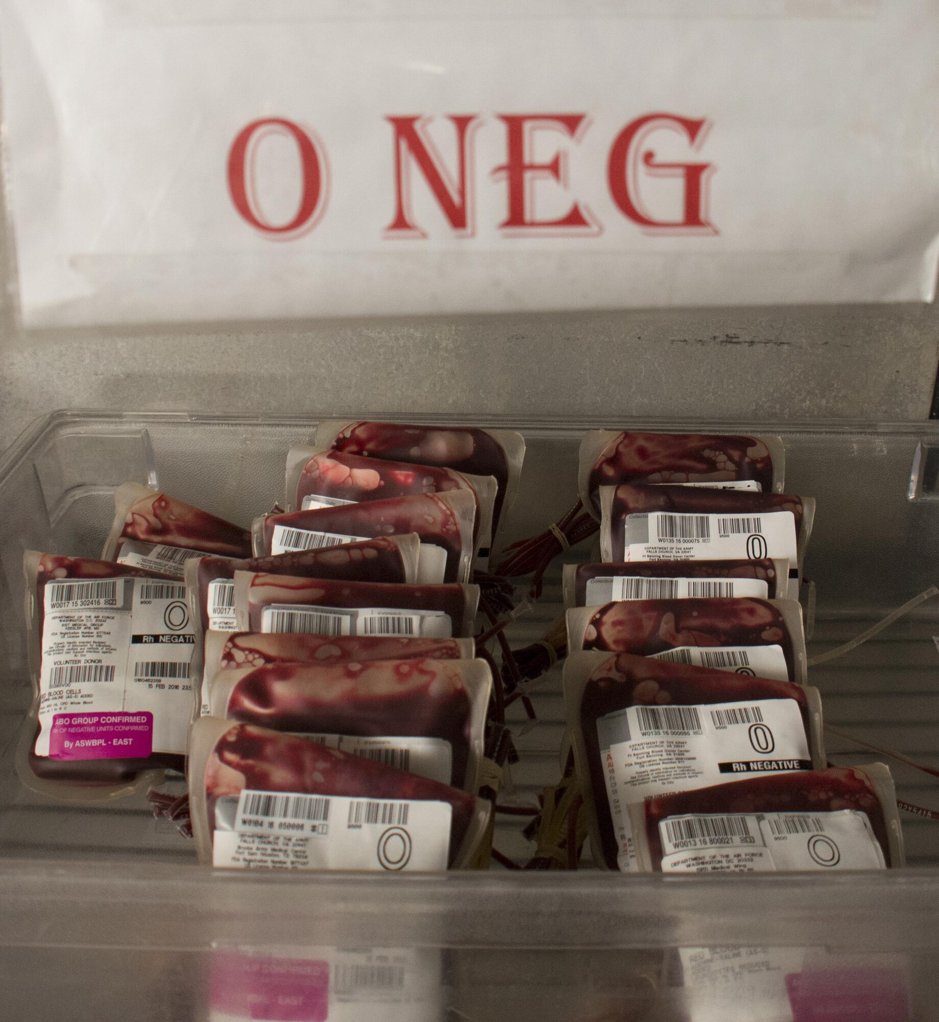 Packages of red blood cell units sit inside a walk-in refrigerator in the Blood Transshipment Center at Al Udeid Air Base, Qatar, Jan. 13. The refrigerator can hold 1,000 red blood cell units. The center shipped nearly 23,000 units of blood to more than 30 forward operating locations in the U.S. Central Command area of responsibility in 2015. (U.S. Air Force photo by Tech. Sgt. James Hodgman/Released)