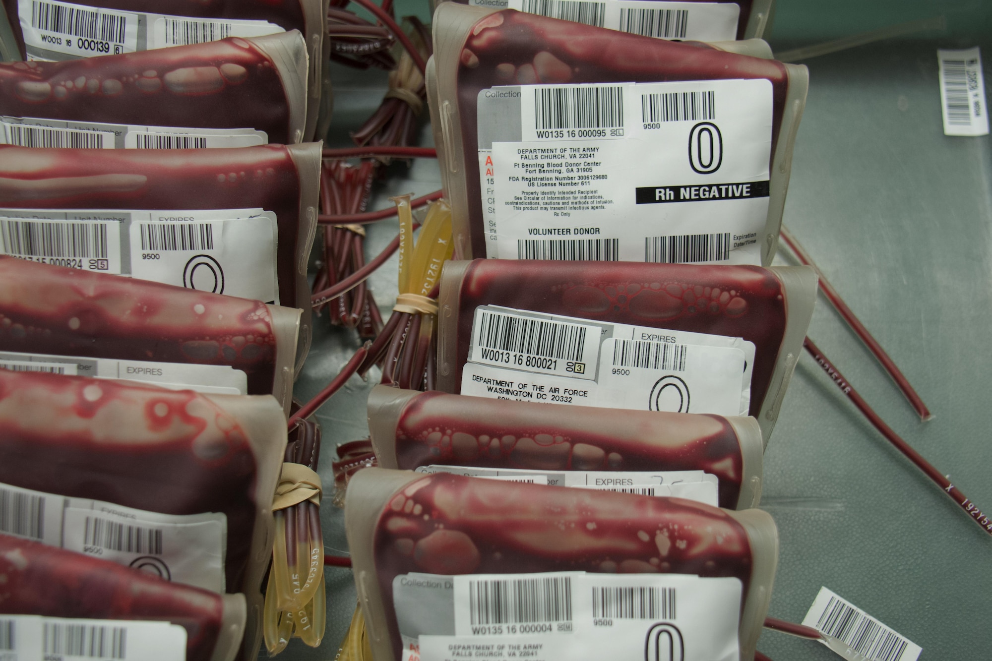 Packages of red blood cell units sit inside a walk-in refrigerator in the Blood Transshipment Center at Al Udeid Air Base, Qatar, Jan. 13. The refrigerator can hold 1,000 red blood cell units. The center shipped nearly 23,000 units of blood to more than 30 forward operating locations in the U.S. Central Command area of responsibility in 2015. (U.S. Air Force photo by Tech. Sgt. James Hodgman/Released)